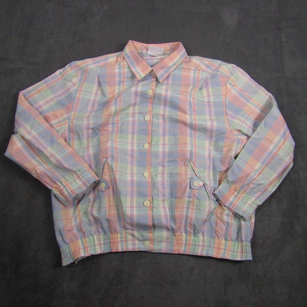 Alfred Dunner Jacket Women 16P Pink Plaid Pastel Vintage Elastic Hem Bomber